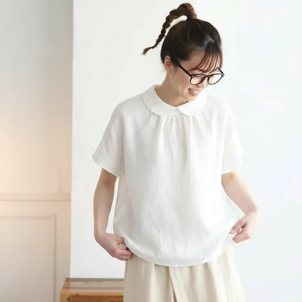 綿麻 丸襟 無地 半袖 シャツ