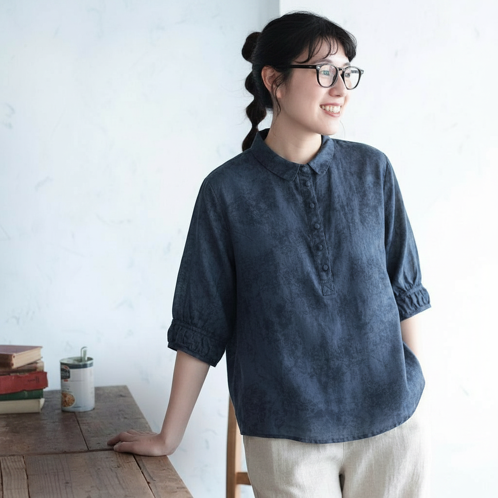 M～5XL 綿麻 五分袖 花模様 ボタン 折り襟 シングルブレスト シャツ
