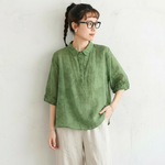 M～5XL 綿麻 五分袖 花模様 ボタン 折り襟 シングルブレスト シャツ