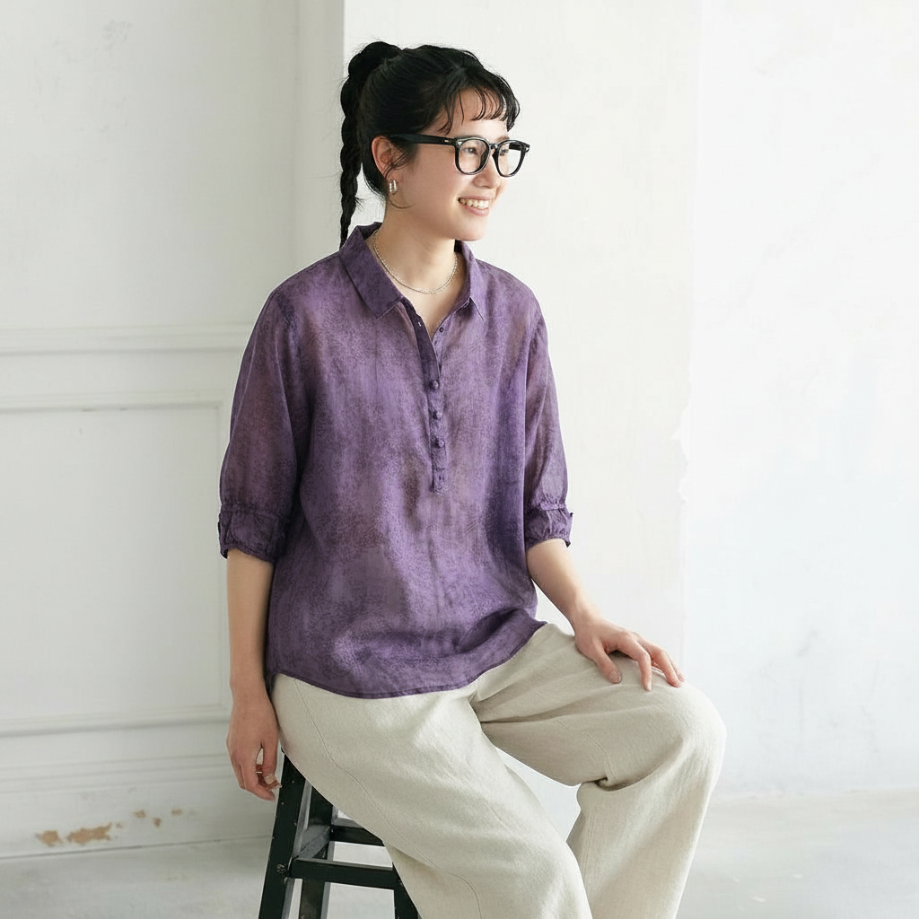 M～5XL 綿麻 五分袖 花模様 ボタン 折り襟 シングルブレスト シャツ