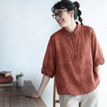 M～5XL 綿麻 五分袖 花模様 ボタン 折り襟 シングルブレスト シャツ