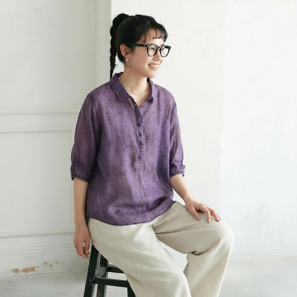 M～5XL 綿麻 五分袖 花模様 ボタン 折り襟 シングルブレスト シャツ