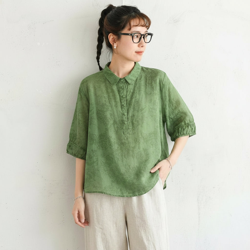 M～5XL 綿麻 五分袖 花模様 ボタン 折り襟 シングルブレスト シャツ
