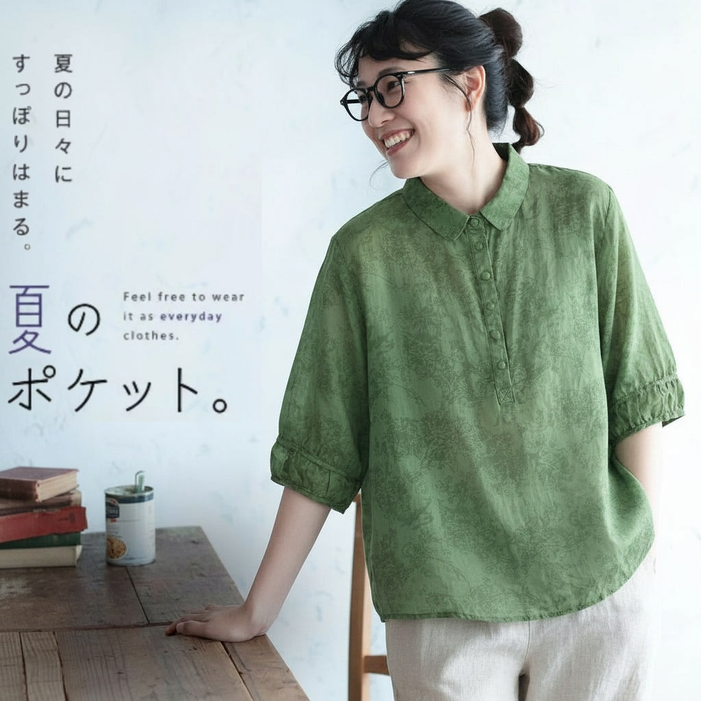 M～5XL 綿麻 五分袖 花模様 ボタン 折り襟 シングルブレスト シャツ