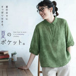 M～5XL 綿麻 五分袖 花模様 ボタン 折り襟 シングルブレスト シャツ