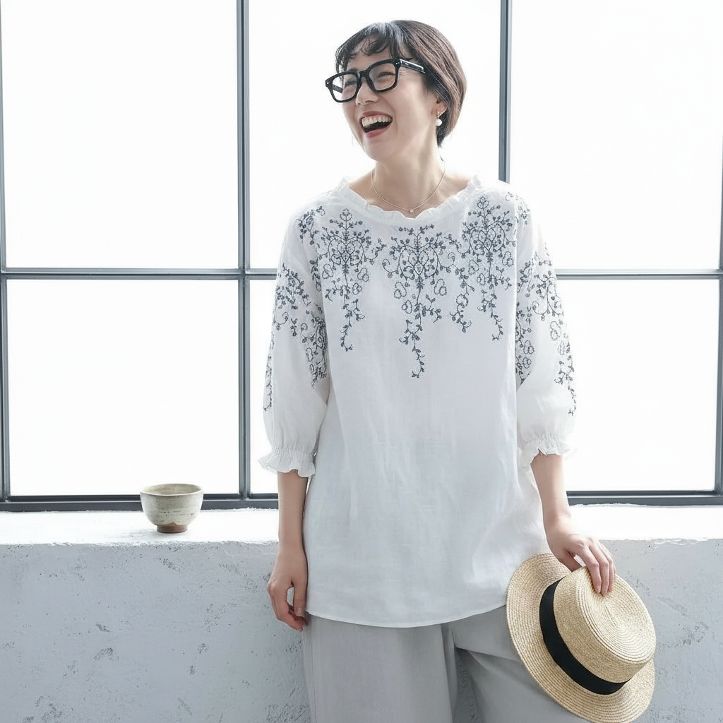 M～4XL 綿麻 ラウンドネック 五分袖 プリント Tシャツ