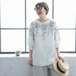 M～4XL 綿麻 ラウンドネック 五分袖 プリント Tシャツ