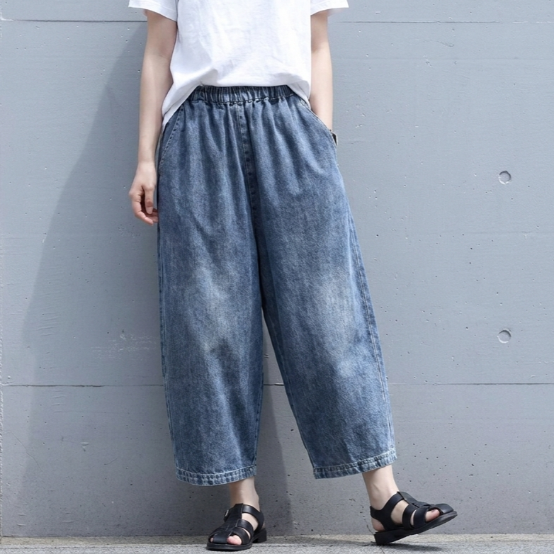 薄手デニム 無地 七分丈パンツ