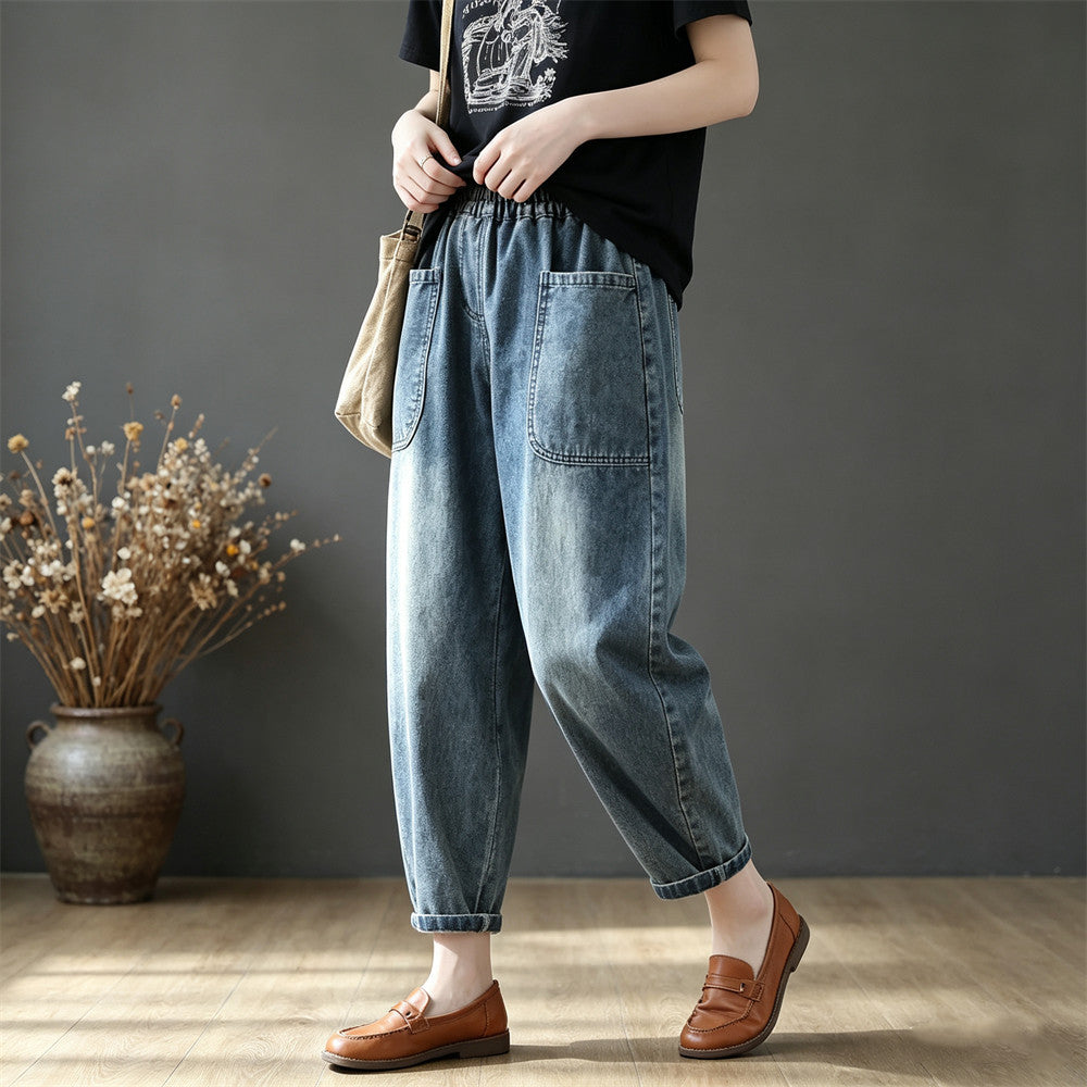 柔らかデニム アンクル丈（9分丈） 無地 ポケット付き ビッグシルエット ジーンズ
