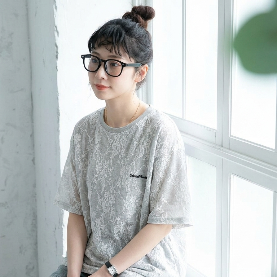 コットン レース 半袖 刺繍 ラウンドネック Tシャツ