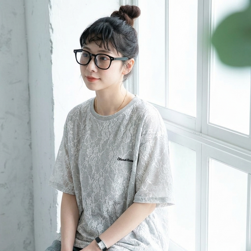 コットン レース 半袖 刺繍 ラウンドネック Tシャツ
