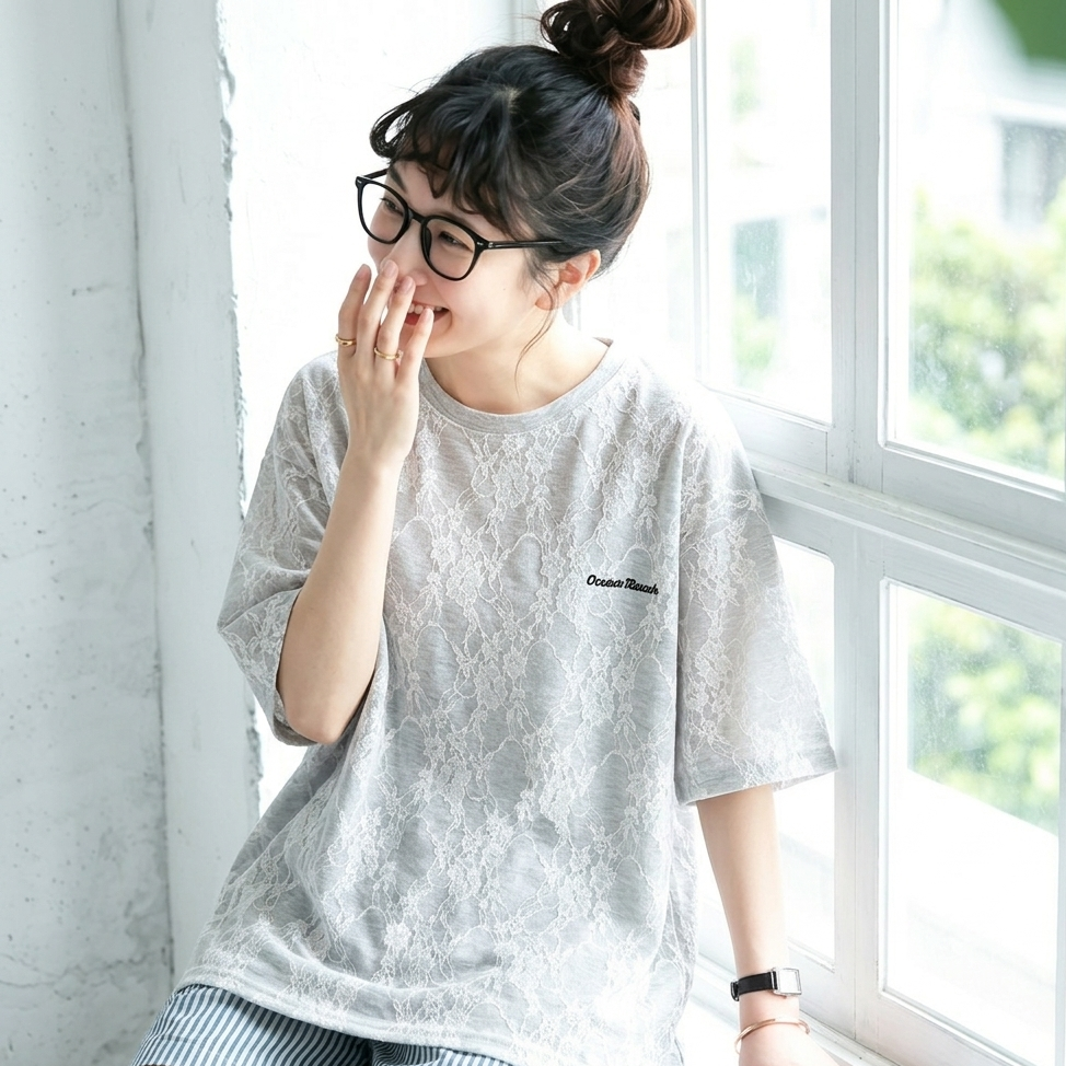 コットン レース 半袖 刺繍 ラウンドネック Tシャツ