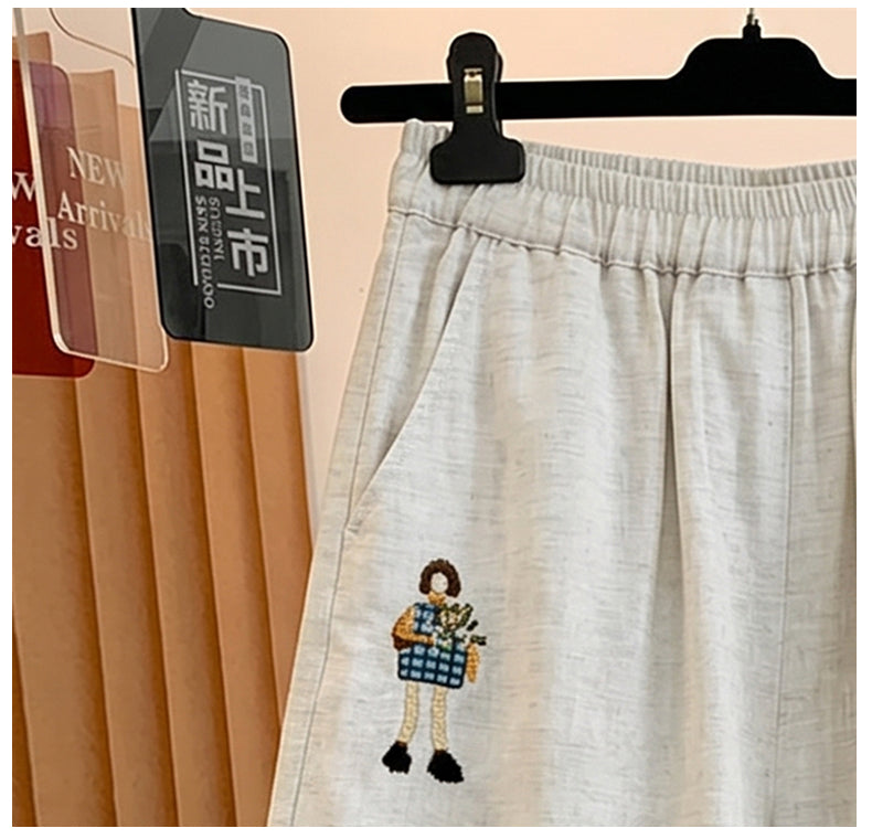 無地 刺繍 ポケット付き アンクル丈 リネン生地 ワイドパンツ