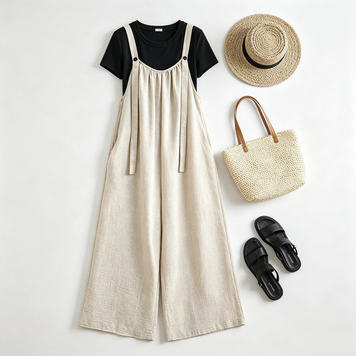 綿麻 ワイドシルエット サロペット M-4XL