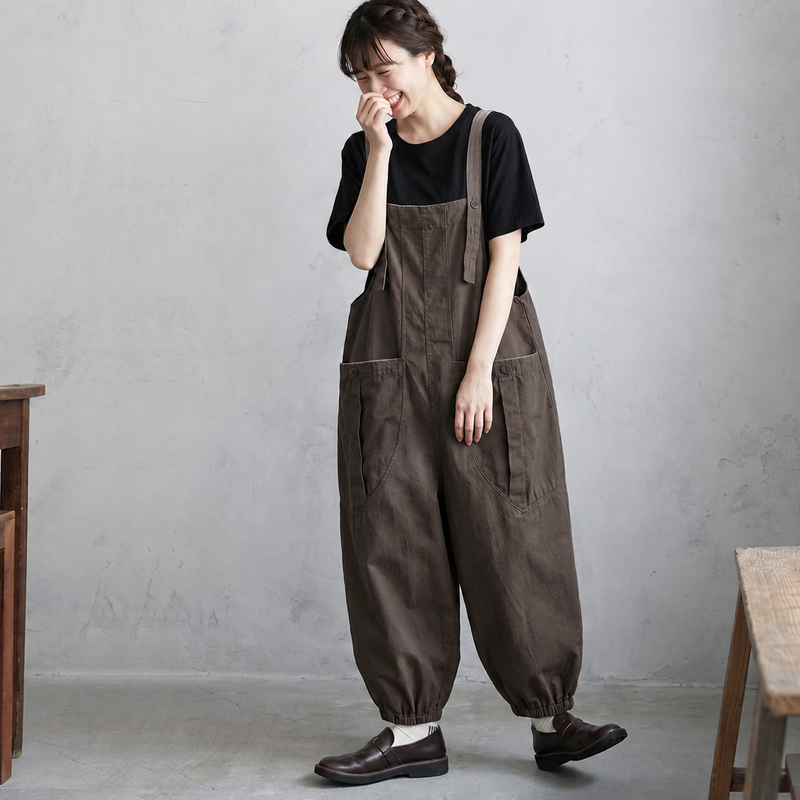コットンリネン 9分丈ワイドサロペット