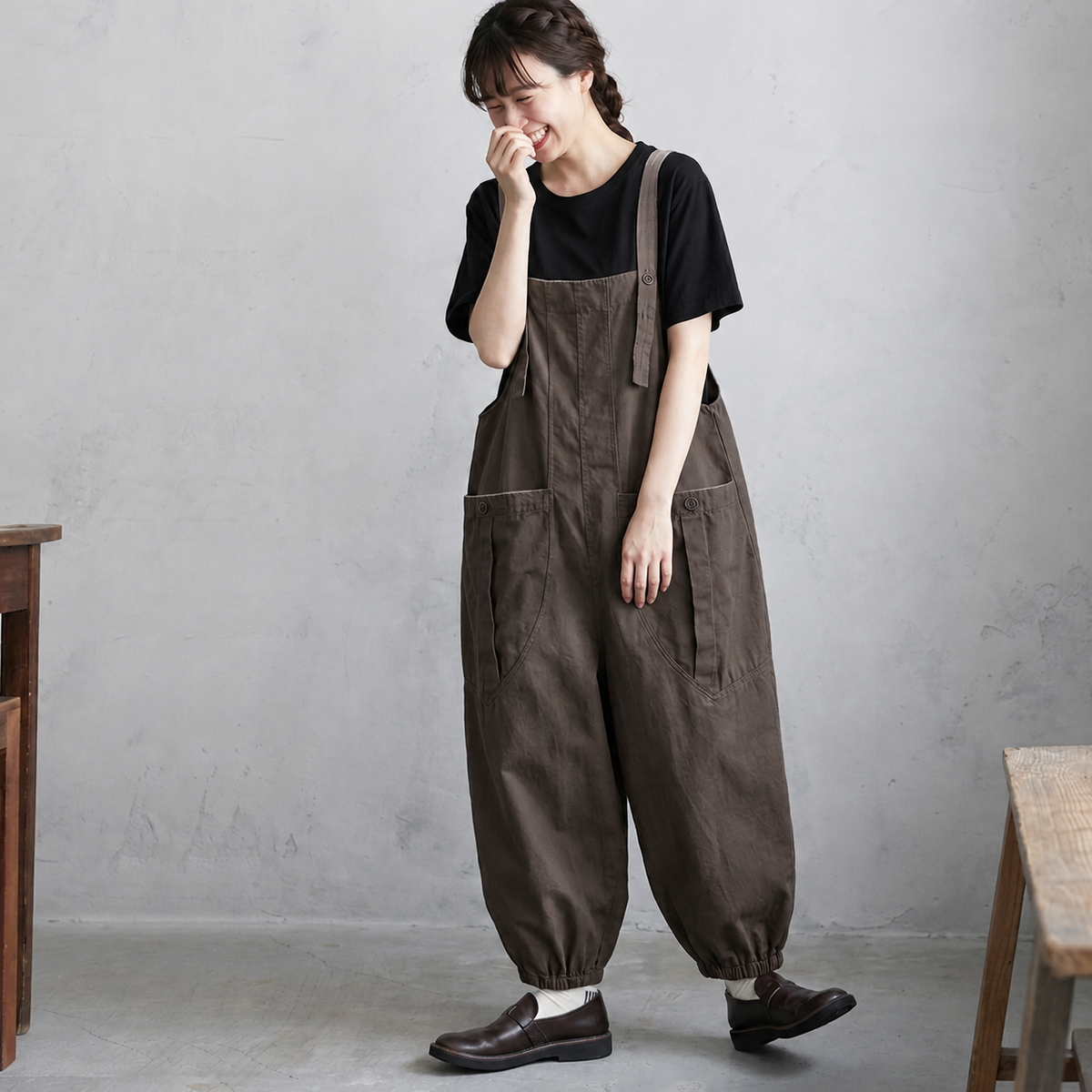 コットンリネン 9分丈ワイドサロペット