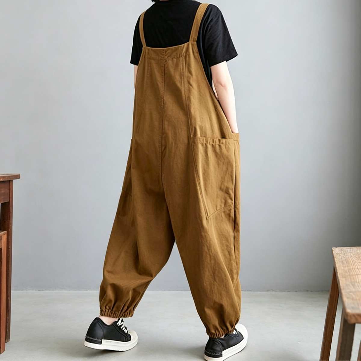 コットンリネン 9分丈ワイドサロペット