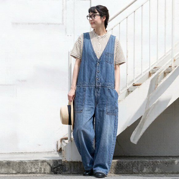 M～4L デニム ノースリーブ ロング丈 無地 ポケット付き ボタン オールインワン