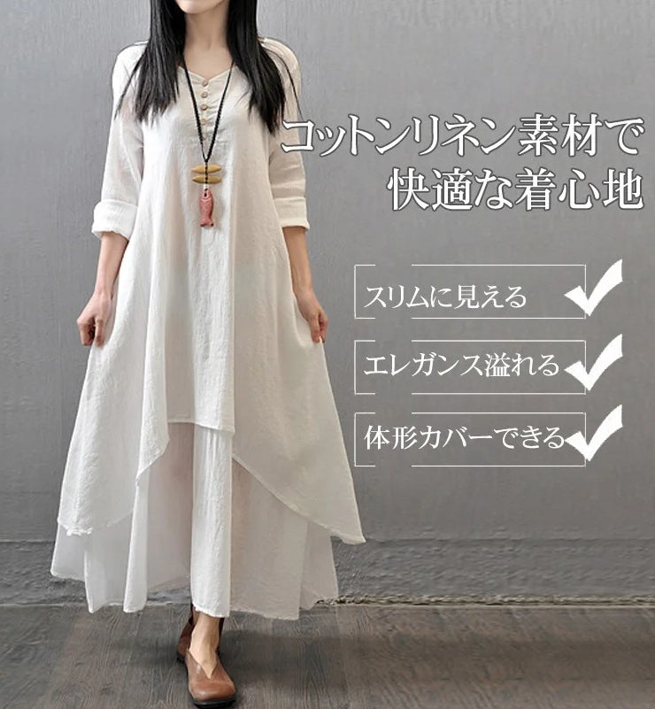 S～5XL ボタン 無地 Aライン 長袖／半袖 半袖ワンピース