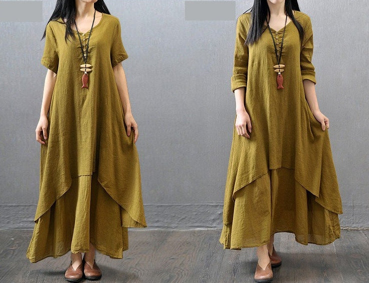 S～5XL ボタン 無地 Aライン 長袖／半袖 半袖ワンピース