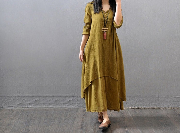 S～5XL ボタン 無地 Aライン 長袖／半袖 半袖ワンピース
