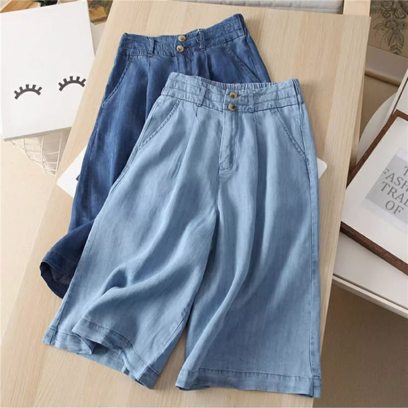 L～4XL 薄手デニム ハイウエスト 無地 ポケット付き デニムパンツ