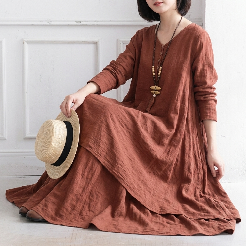 S～5XL ボタン 無地 Aライン 長袖／半袖 半袖ワンピース