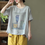 綿麻 プリント ラウンドネック レトロ Tシャツ