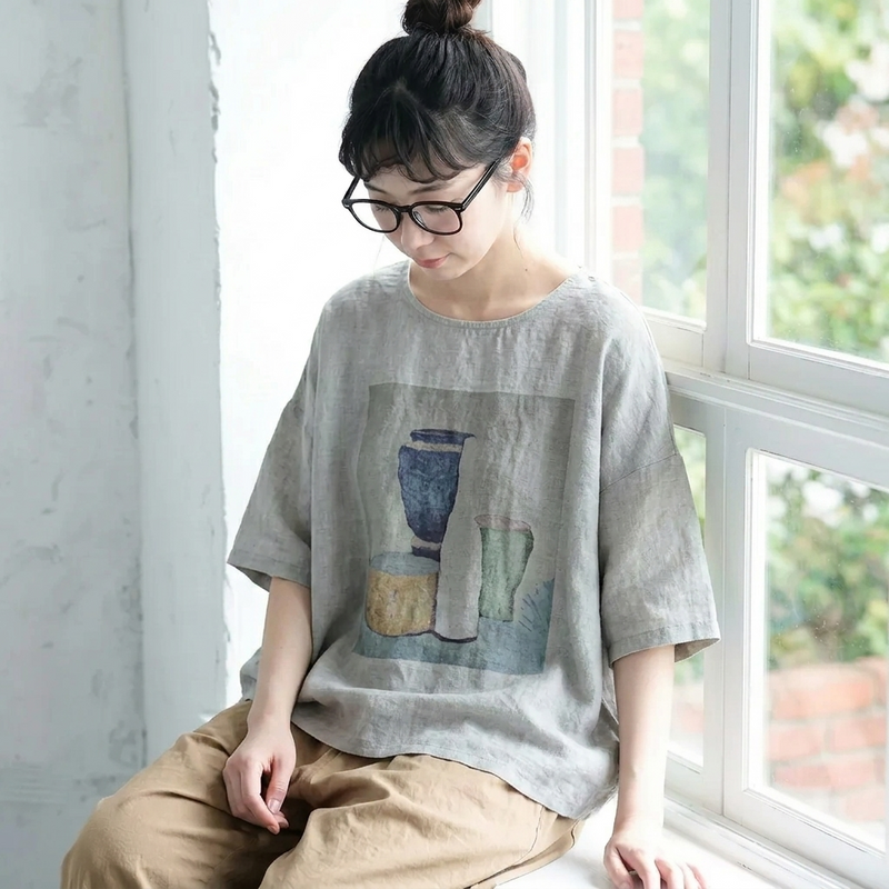 綿麻 プリント ラウンドネック レトロ Tシャツ