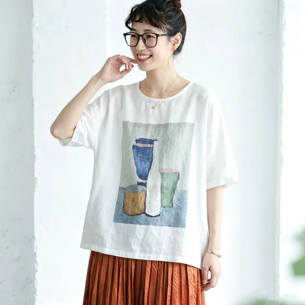 綿麻 プリント ラウンドネック レトロ Tシャツ
