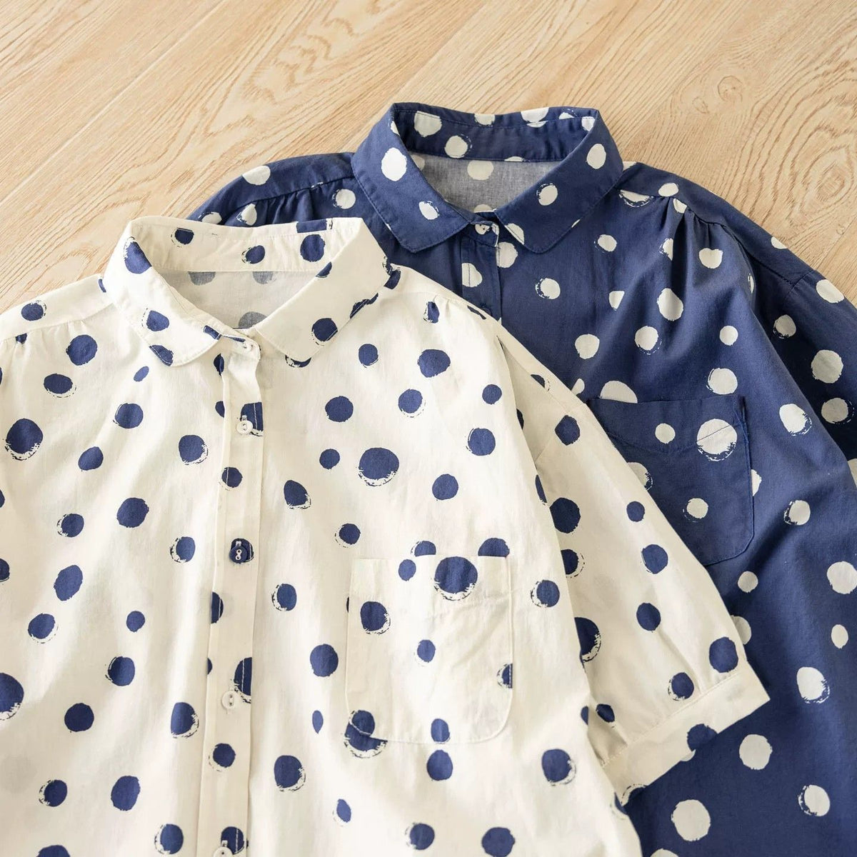 M～4XL ドット柄 折り襟 ボタン開き ビッグシルエット