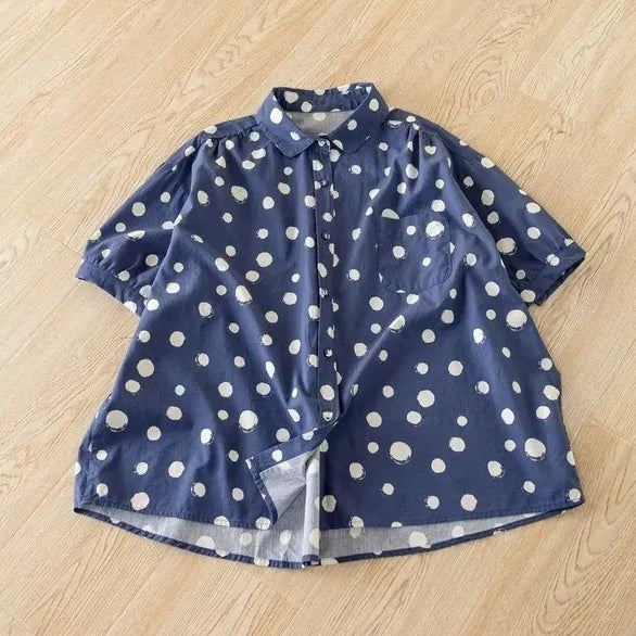 M～4XL ドット柄 折り襟 ボタン開き ビッグシルエット