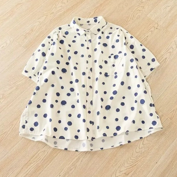 M～4XL ドット柄 折り襟 ボタン開き ビッグシルエット
