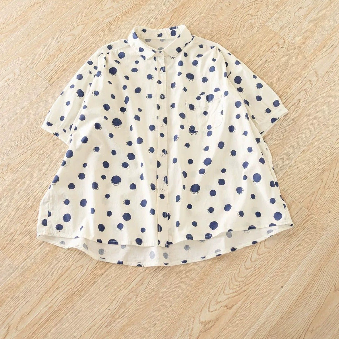 M～4XL ドット柄 折り襟 ボタン開き ビッグシルエット