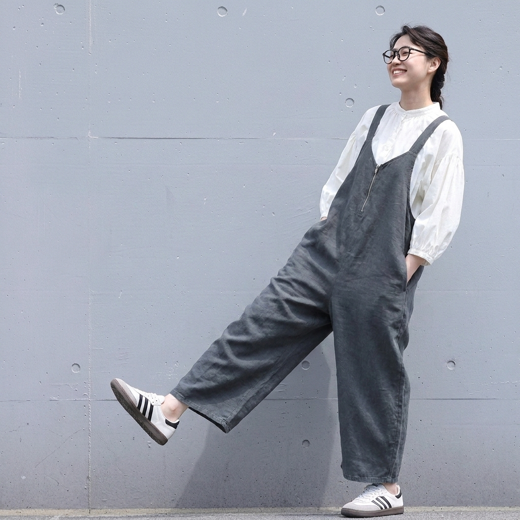 Vネック リボン付きワイドサロペット
