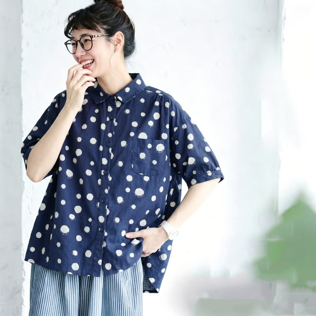 M～4XL ドット柄 折り襟 ボタン開き ビッグシルエット