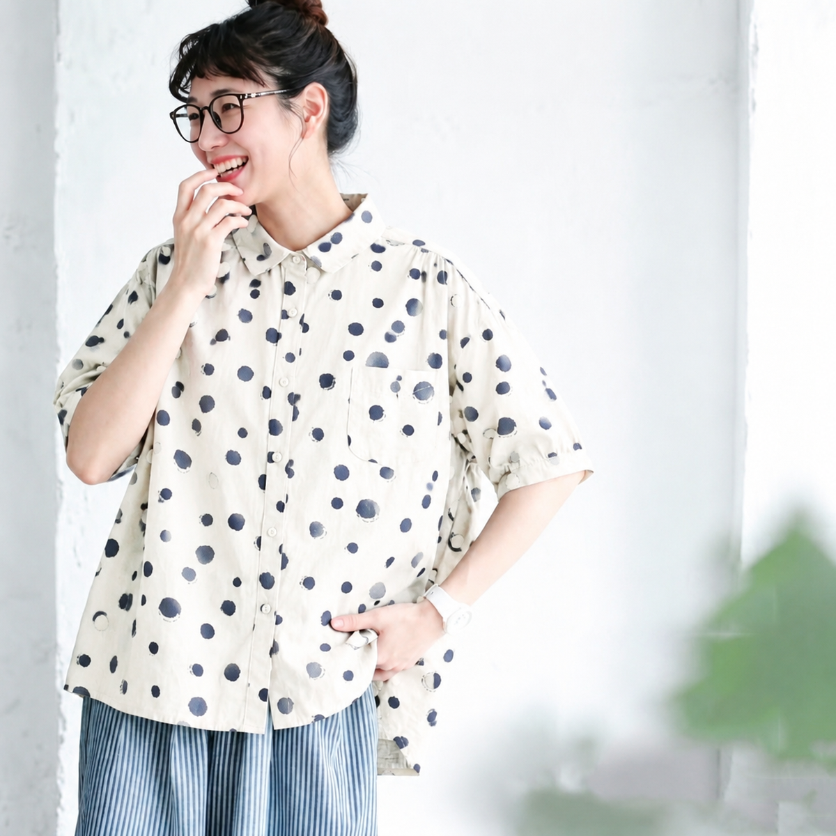 M～4XL ドット柄 折り襟 ボタン開き ビッグシルエット