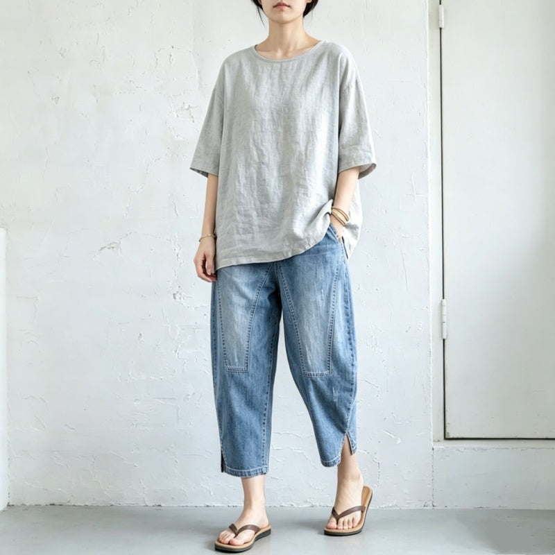 薄手素材 デニム クロップド丈（7分丈） ポケット付き 無地 ジーンズ