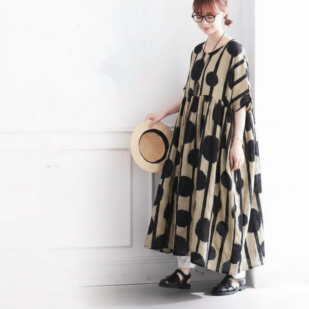 ふんわりシルエット プリーツ ドット柄 レトロ 半袖ワンピース