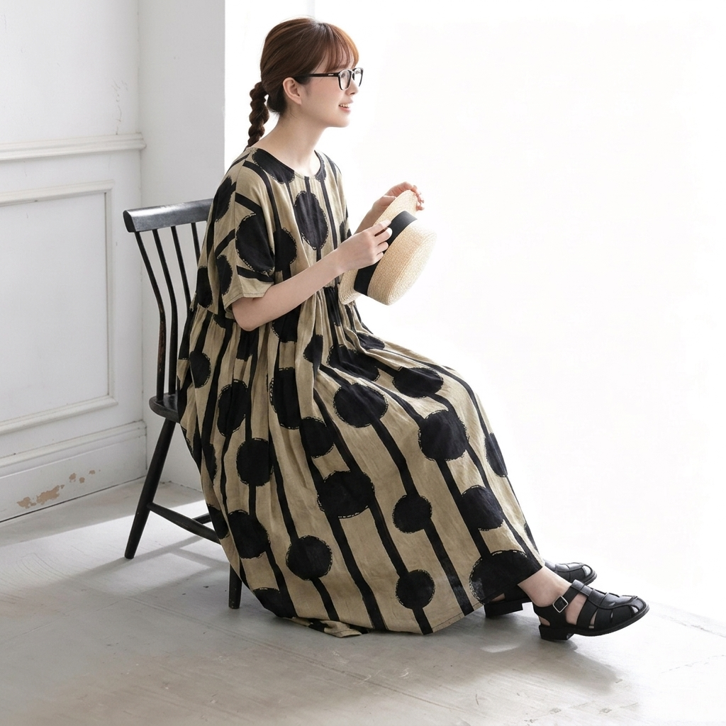 ふんわりシルエット プリーツ ドット柄 レトロ 半袖ワンピース