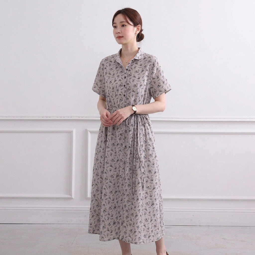 コットン ボタン 半袖 花柄 ベルト付き レトロ ワンピース
