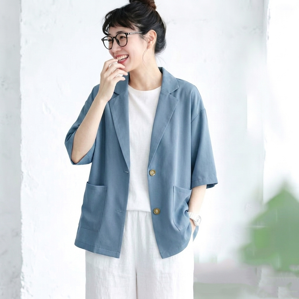 シフォン 無地 七分袖 ボタン スーツジャケット