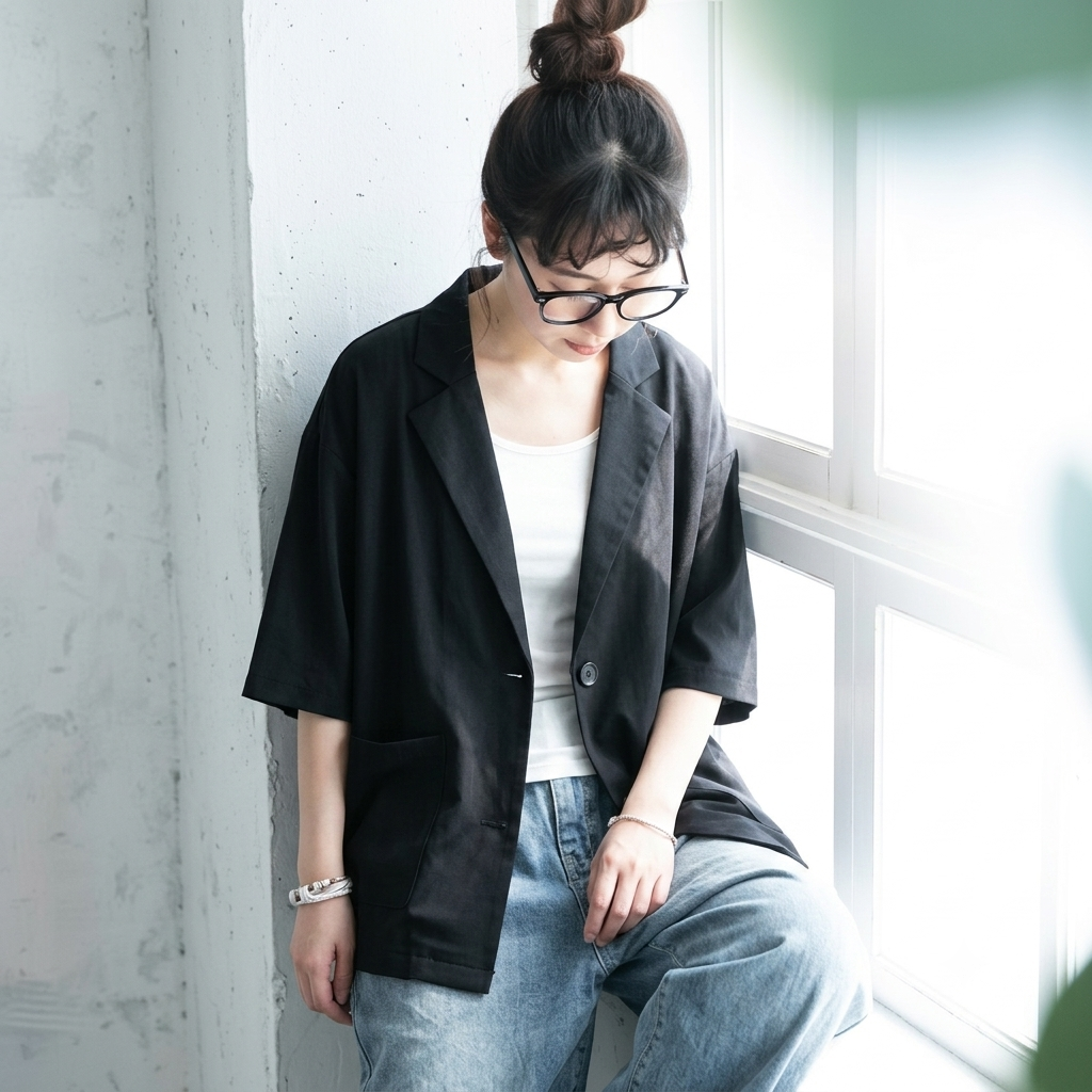 シフォン 無地 七分袖 ボタン スーツジャケット