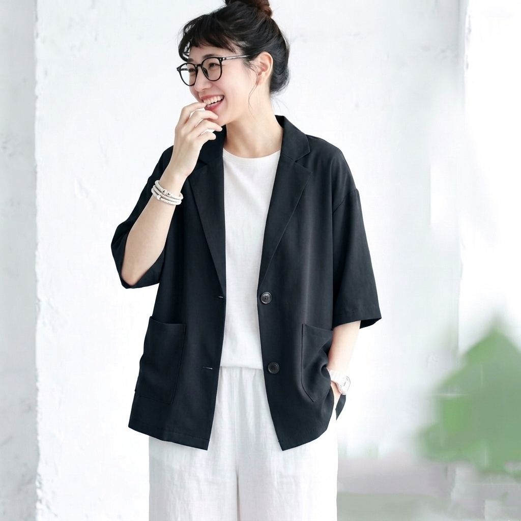 シフォン 無地 七分袖 ボタン スーツジャケット