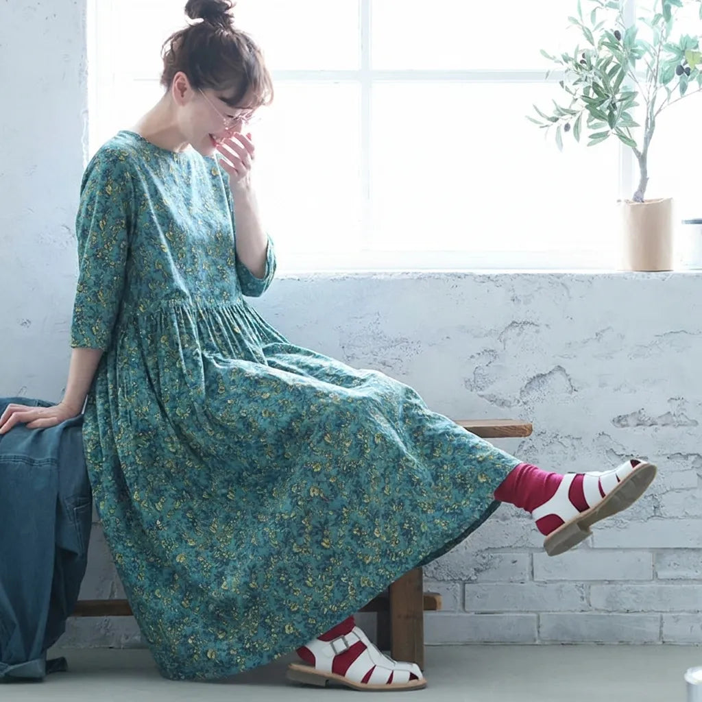 M～5XL 北欧の花畑 Aライン 五分袖ワンピース