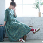 M～5XL 北欧の花畑 Aライン 五分袖ワンピース