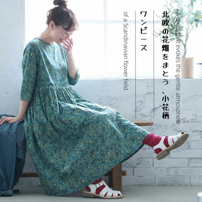 M～5XL 北欧の花畑 Aライン 五分袖ワンピース