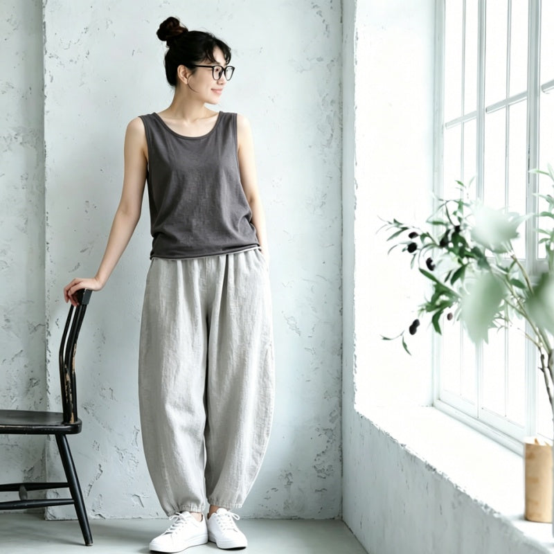 S～5XL コットンリネン アンクル丈（9分丈） 無地 カジュアルパンツ