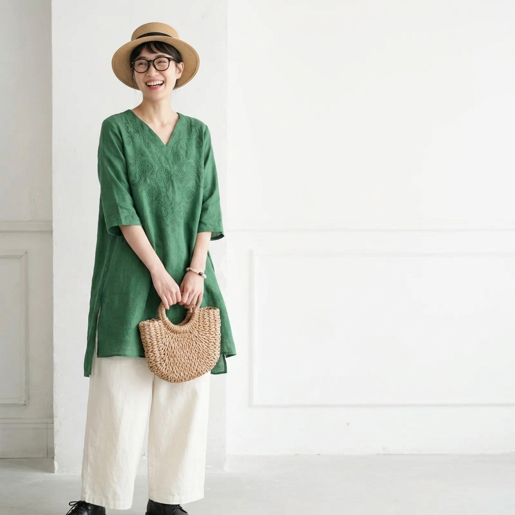 M-4XL 綿麻 刺繍 Vネック 半袖 ミディアム丈 チュニック