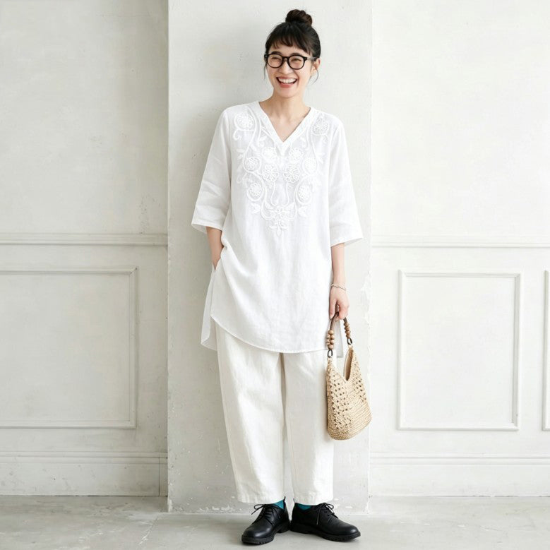 M-4XL 綿麻 刺繍 Vネック 半袖 ミディアム丈 チュニック